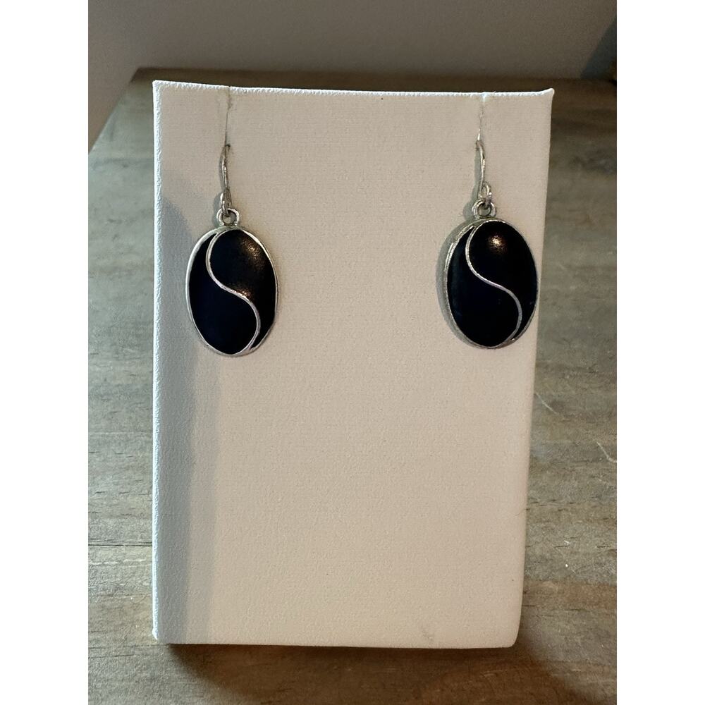 Black Ying Yang Silver Tone Drop Dangle Earrings Signed KC